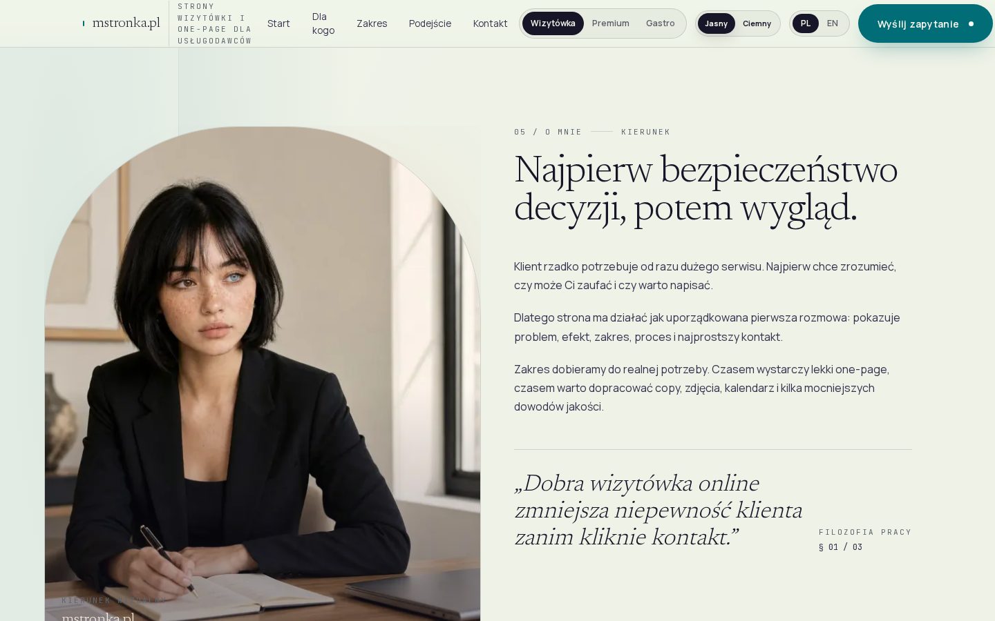 Sekcja O mnie na stronie mstronka.pl z opisem podejścia do projektowania