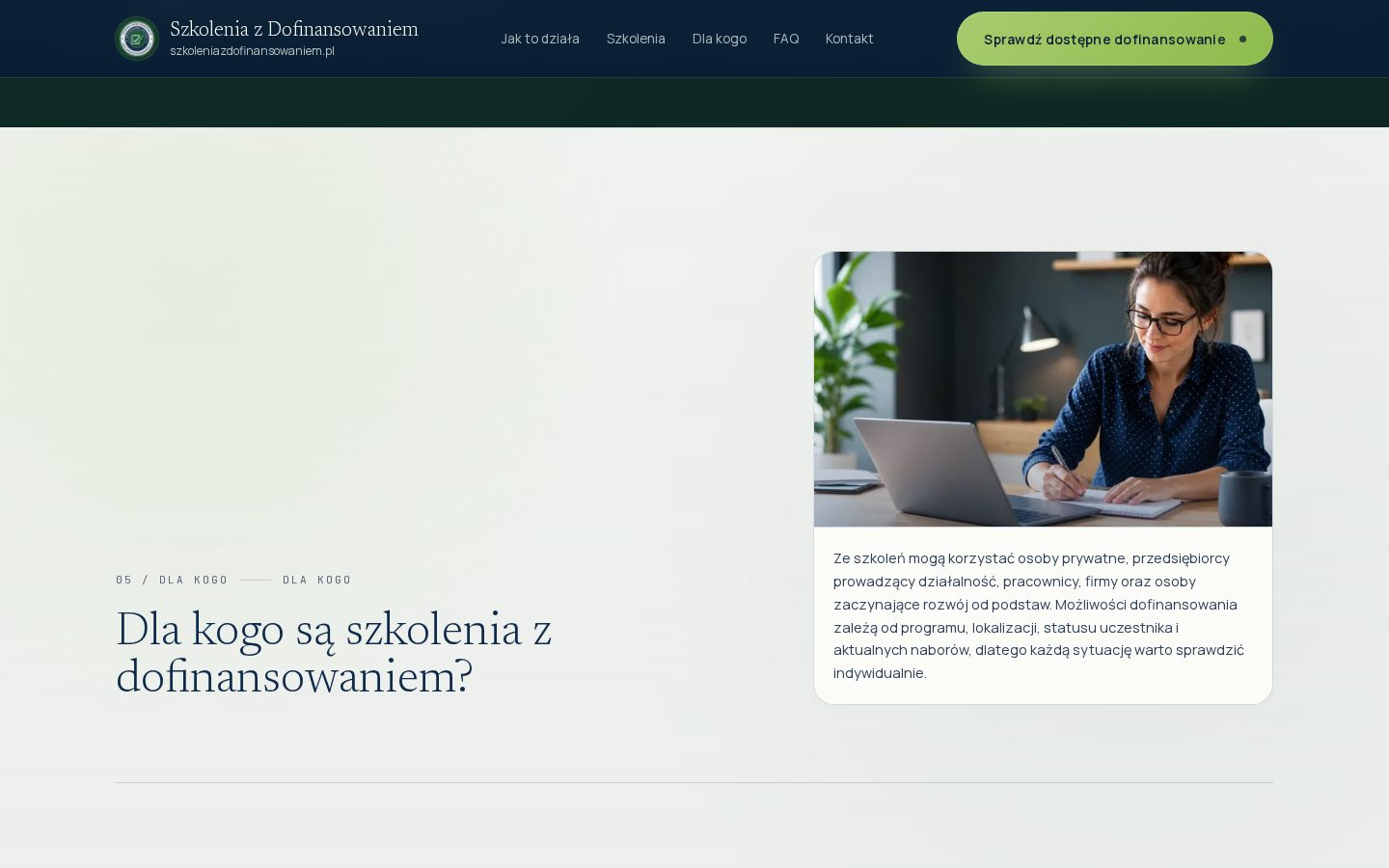 Sekcja strony wyjaśniająca dla kogo są szkolenia z dofinansowaniem